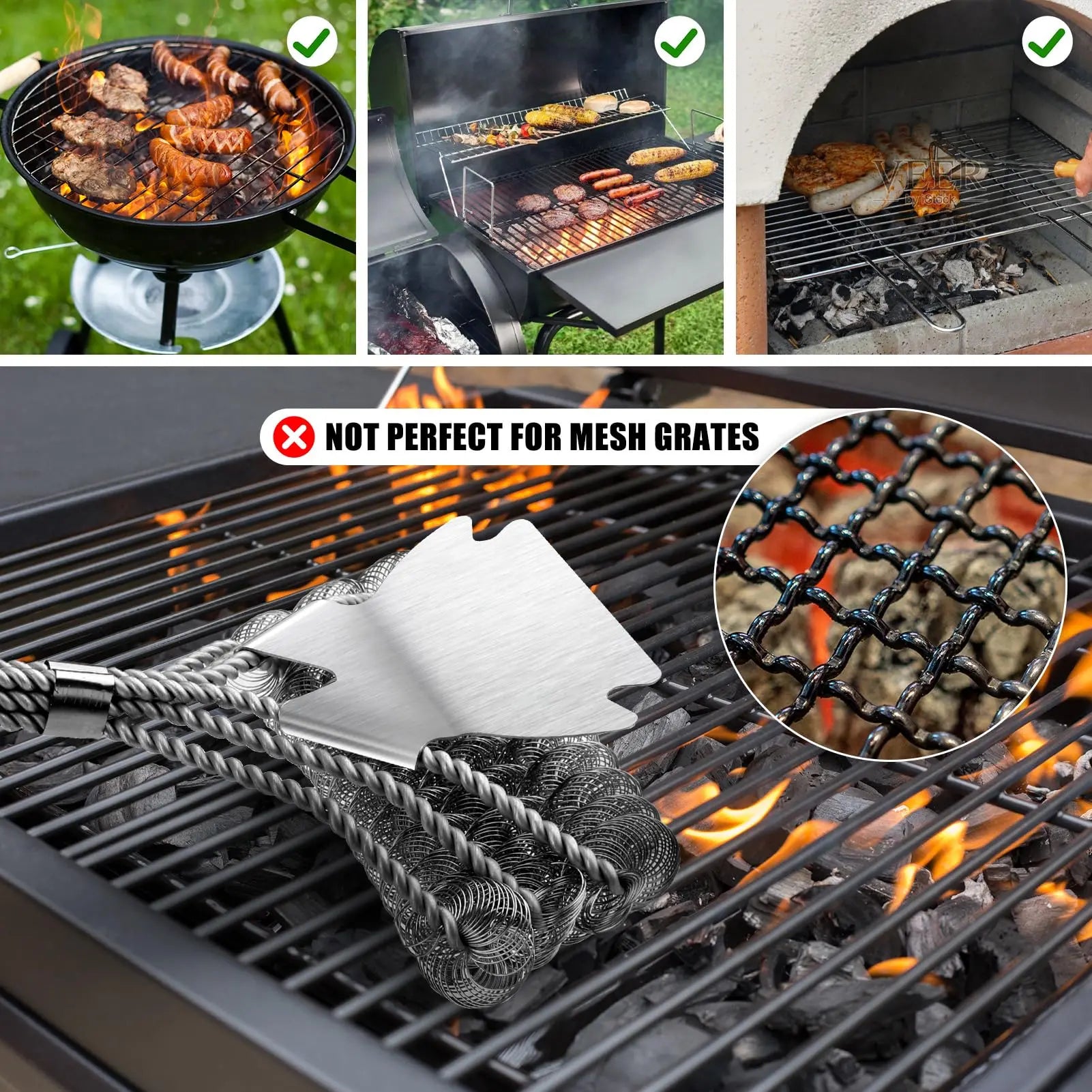 BBQ Grill Zubehör Werkzeuge, Edelstahl Grill Rettungsbürste Borsten frei für Outdoor Grill Reinigungsbürste