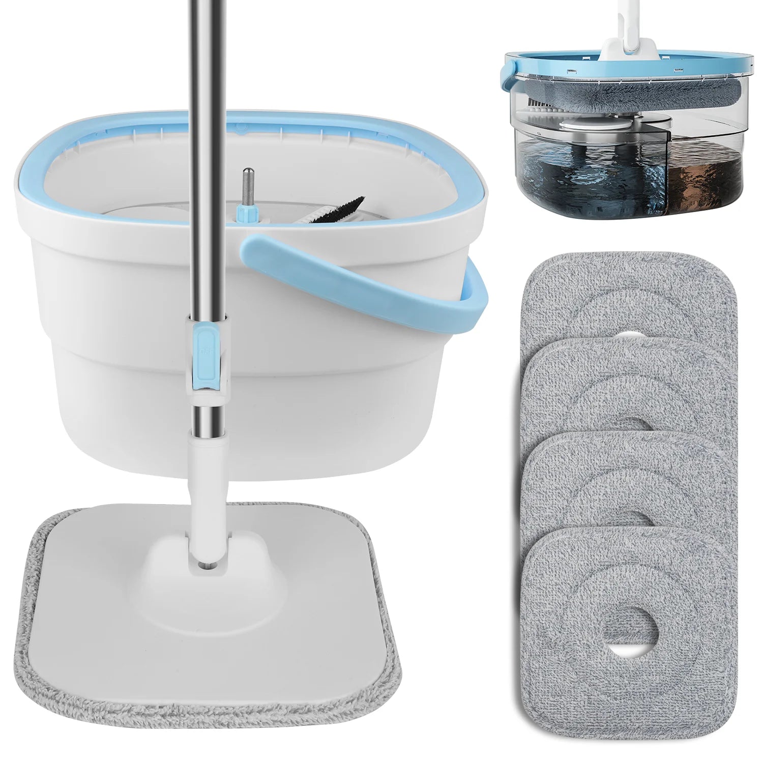 360 ° Spin Mop-Eimer-Sets mit Wring-System, Mikrofaser-Nachfüllungen, Bodenreinigung für den Haushalt, 102–128 cm, ausziehbarer, verstellbarer Griff