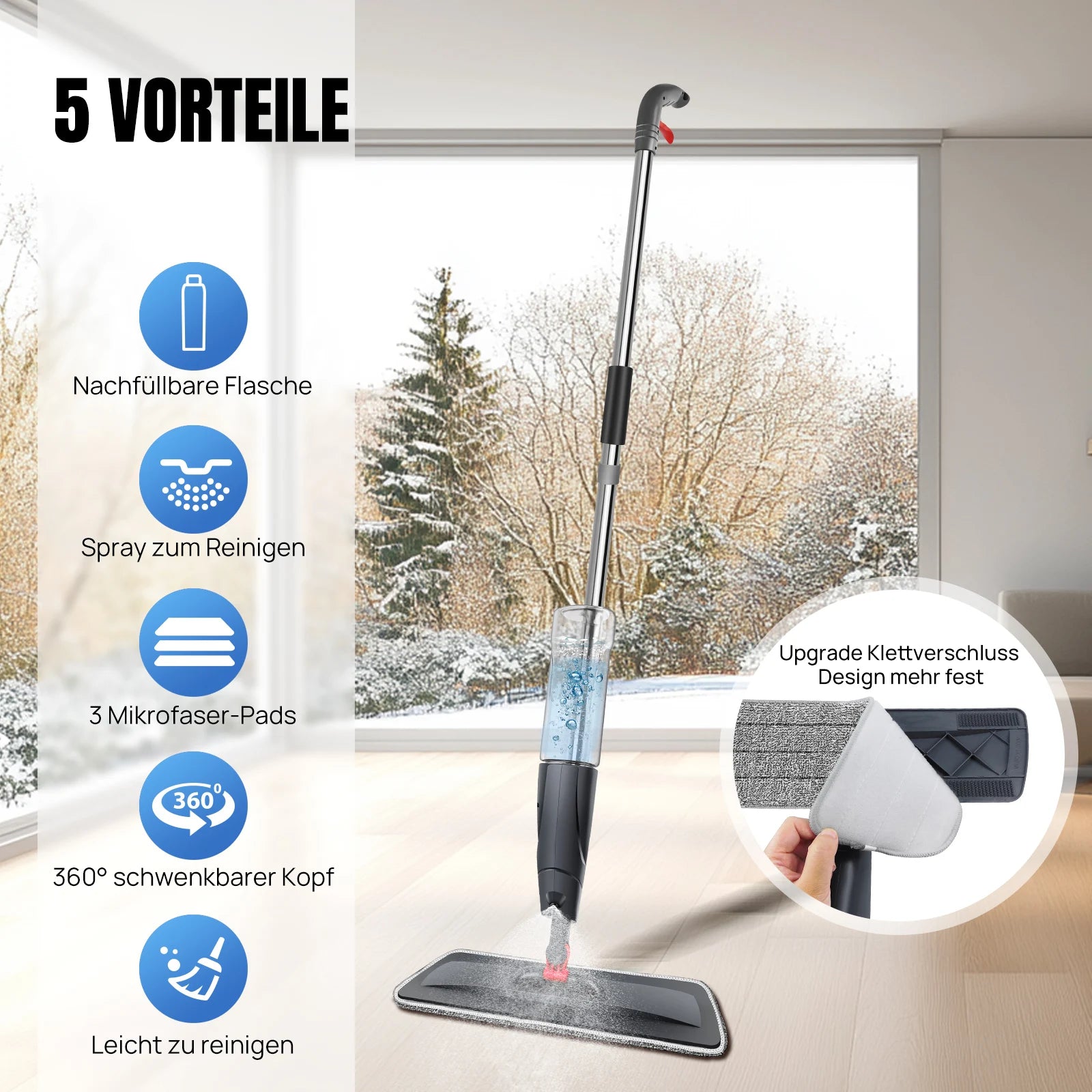 Mikrofaser-Bodenwischmopp, 360° ° Drehbare Nass-Trocken-Sprühmopps, Flachmop mit 700ML Nachfüllflaschen, Wiederverwendbare Waschbare Pads