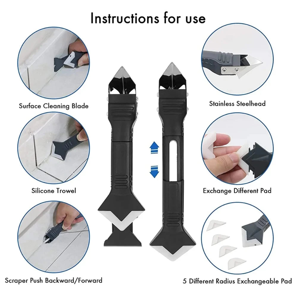 5-in-1-Werkzeugsatz zum Schaufelkleber mit Metallkopf: Silikonspatel, Dichtungsentferner, Fugenentfernung, Dichtmittel-Finish und Eckschrott