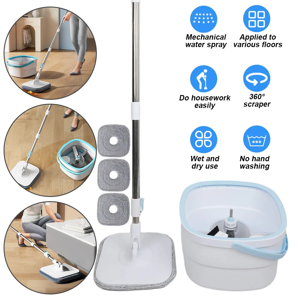 360 ° Spin Mop-Eimer-Sets mit Wring-System, Mikrofaser-Nachfüllungen, Bodenreinigung für den Haushalt, 102–128 cm, ausziehbarer, verstellbarer Griff