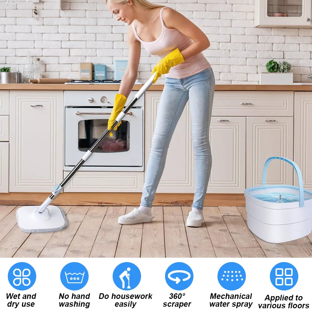 360 ° Spin Mop-Eimer-Sets mit Wring-System, Mikrofaser-Nachfüllungen, Bodenreinigung für den Haushalt, 102–128 cm, ausziehbarer, verstellbarer Griff