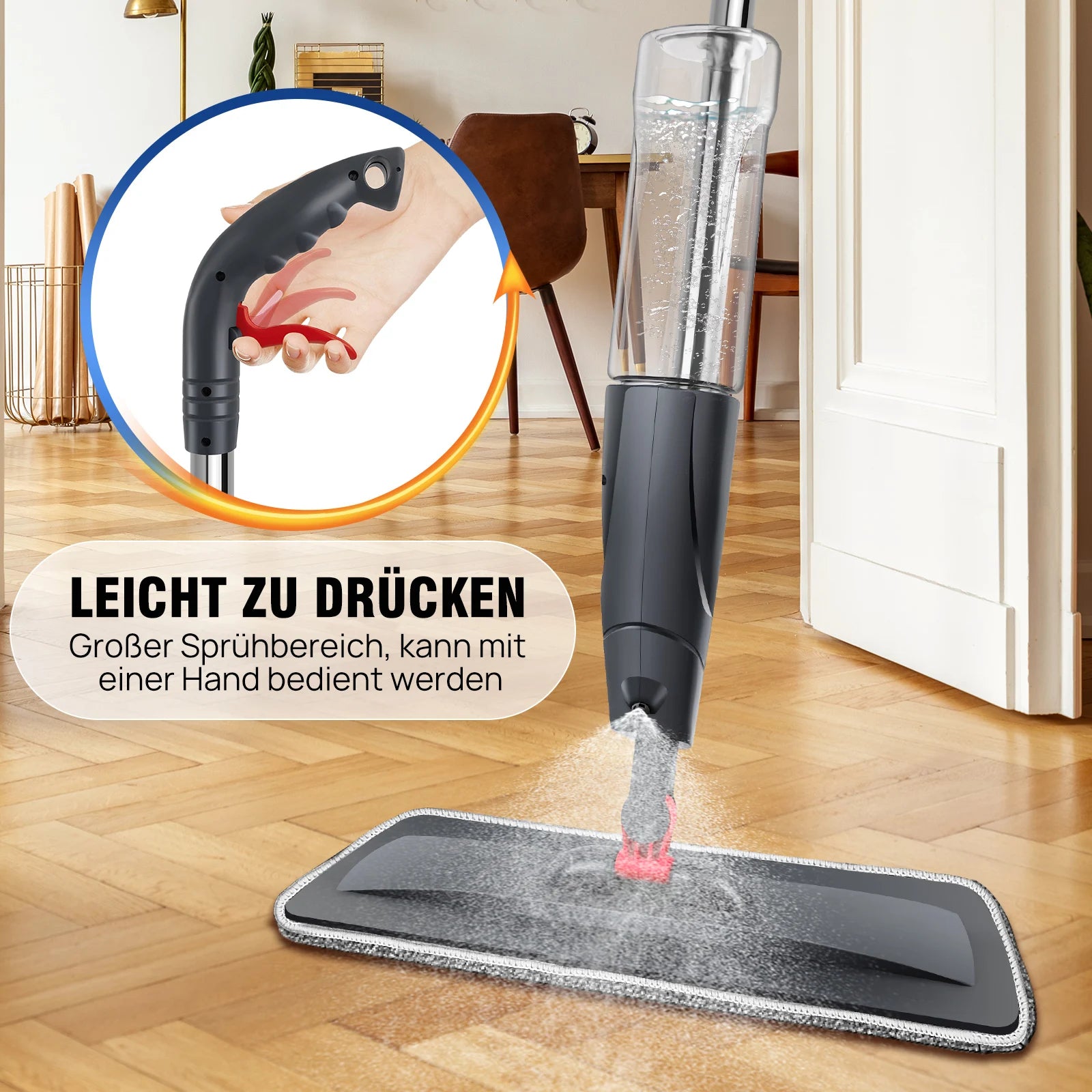 Mikrofaser-Bodenwischmopp, 360° ° Drehbare Nass-Trocken-Sprühmopps, Flachmop mit 700ML Nachfüllflaschen, Wiederverwendbare Waschbare Pads