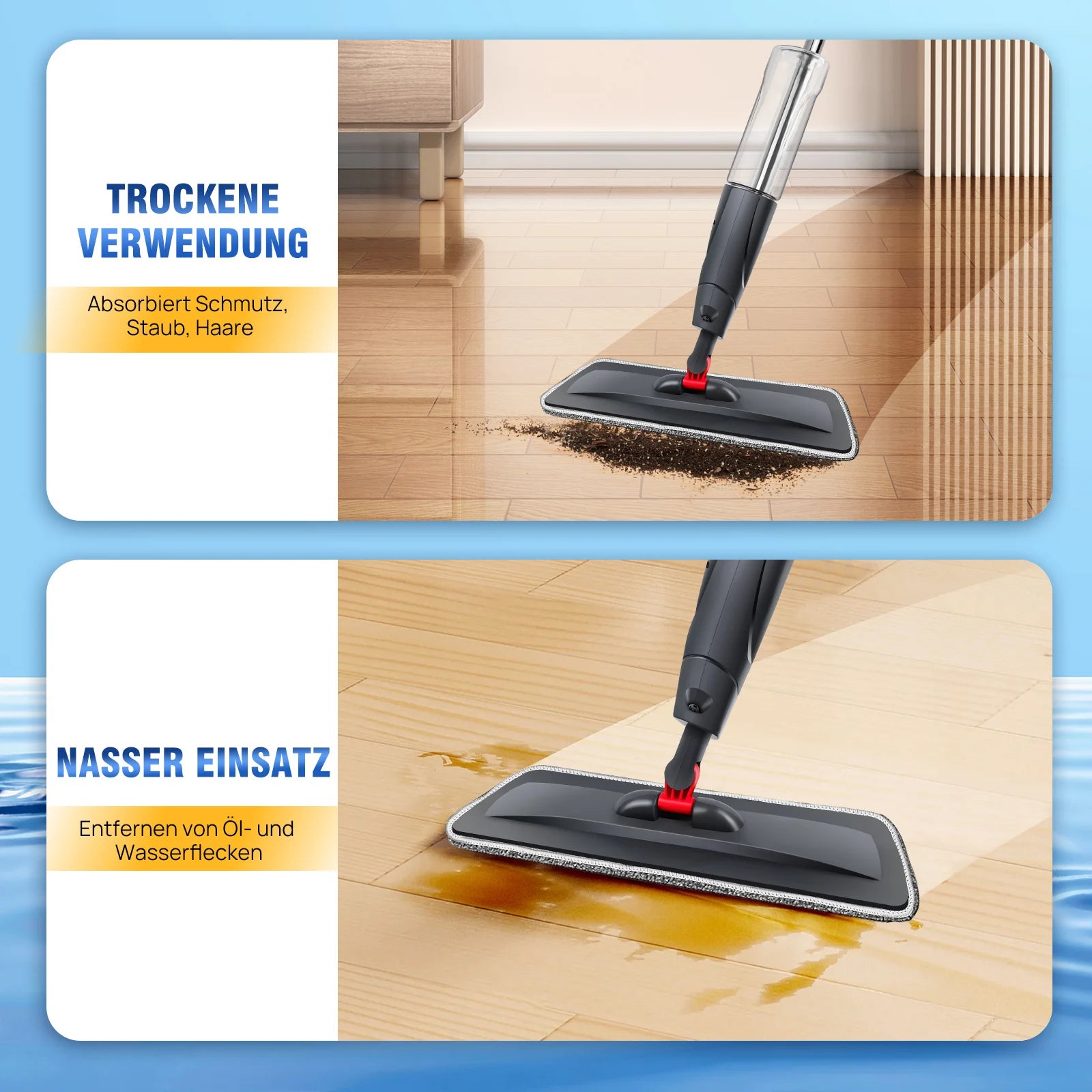 Mikrofaser-Bodenwischmopp, 360° ° Drehbare Nass-Trocken-Sprühmopps, Flachmop mit 700ML Nachfüllflaschen, Wiederverwendbare Waschbare Pads